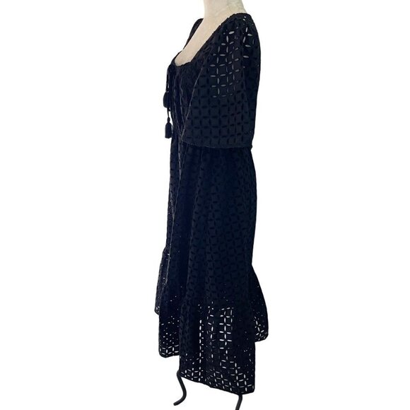 Johnny Was Midi Dress Size Medium Black Misty Pure Cotton Eyelet Square Neck - Picture 2 of 10